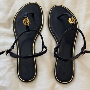 Tory Burch Navy Leather Logo Thong Sandals with Gold Trim